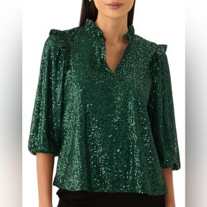 Crown & Ivy Sequined Christmas Hunter Green Pullover Top Size Petite Large
